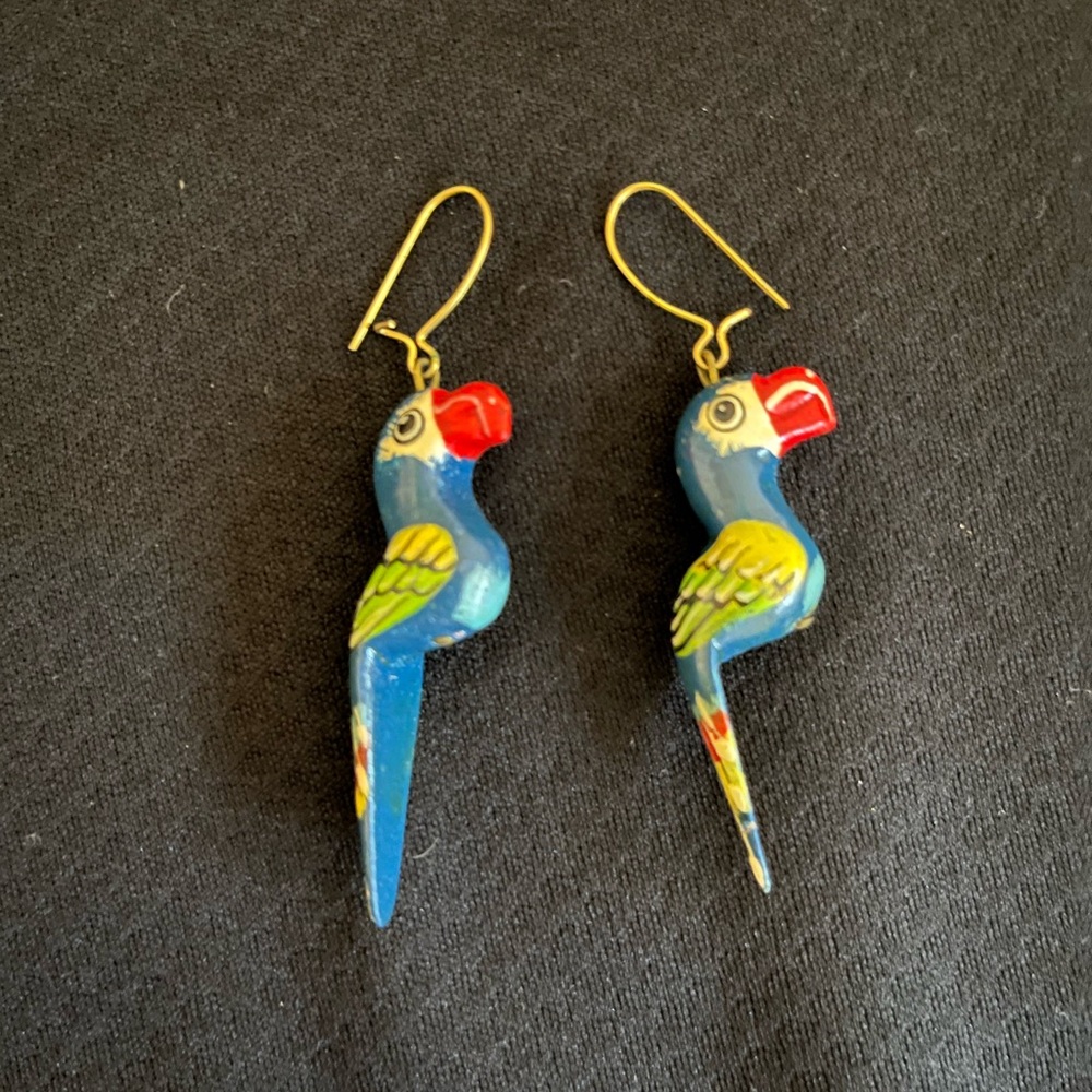 Blue Parrot Drop Earrings with Red Beak and Yellow Wings